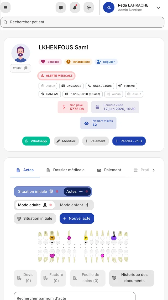 Odontogramme détaillé et dossier clinique complet - mobile