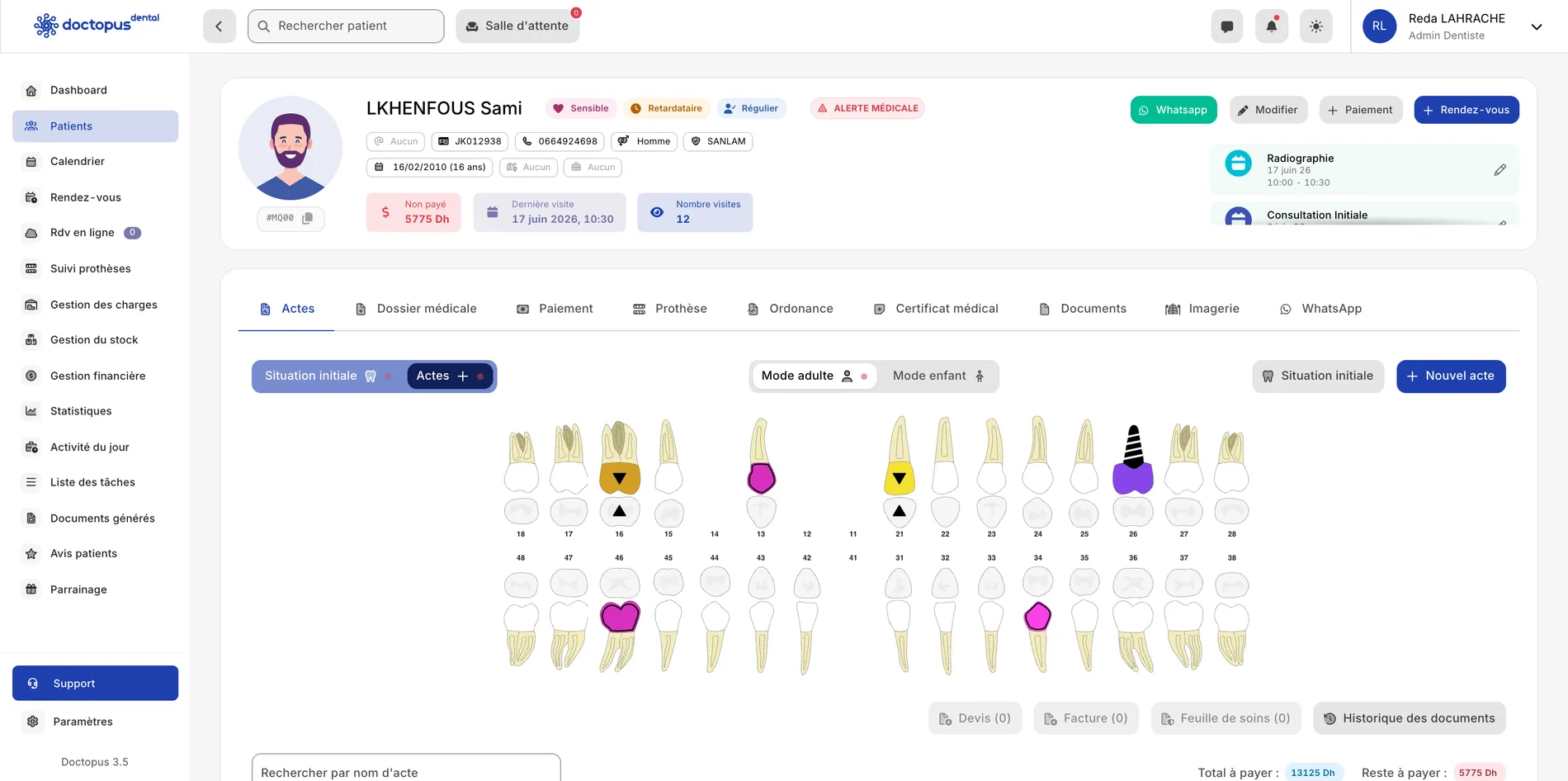 Odontogramme détaillé et dossier clinique complet